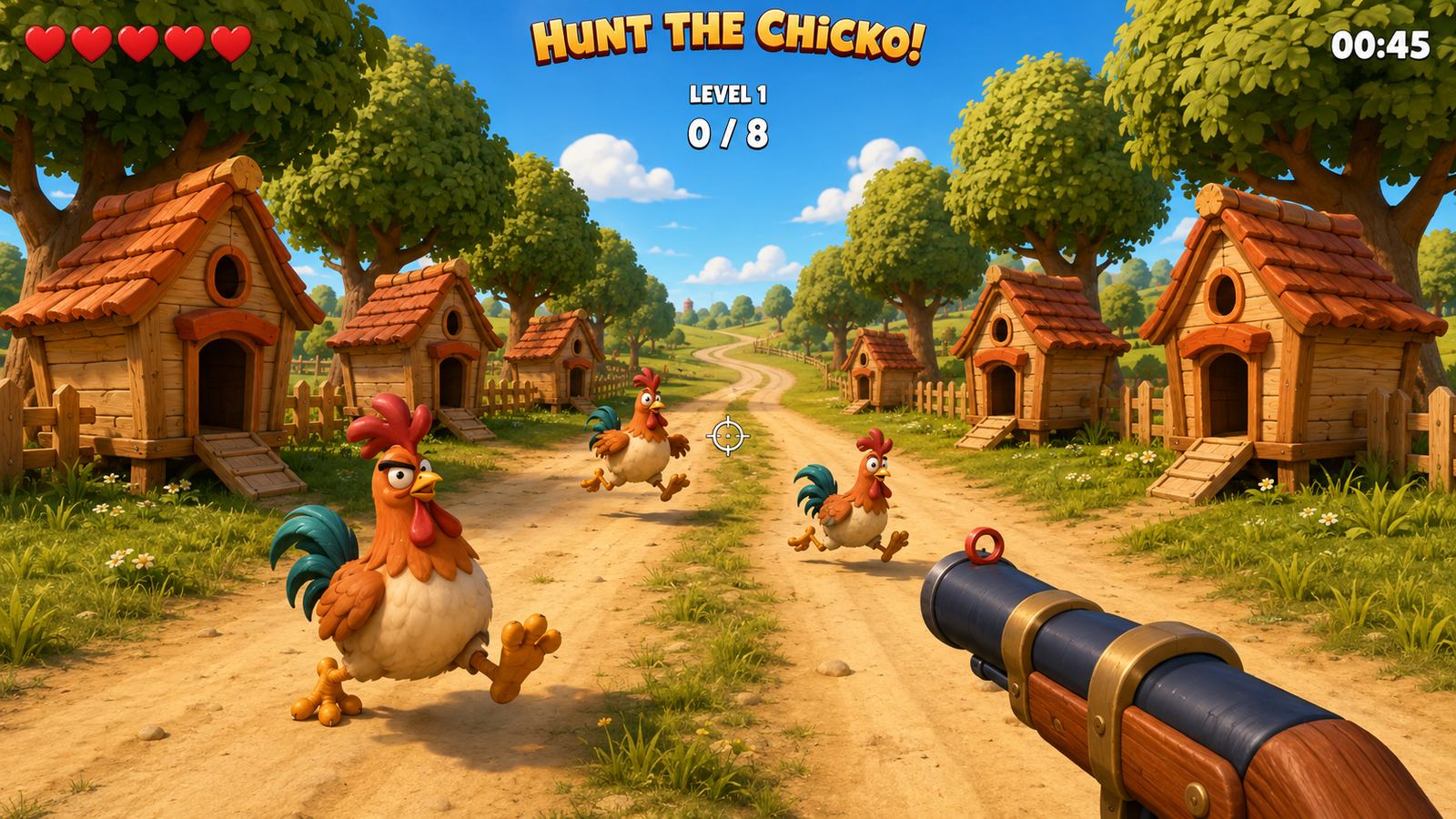 Level 1 of Hunt the Chicko!: three cartoon chickens run down a sunny farm road between wooden coops, with a crosshair in the middle of the screen, five hearts and a 0 of 8 counter at the top