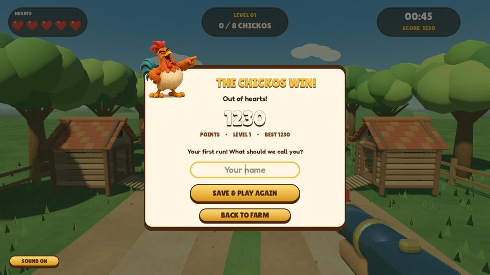The Chickos win card with a laughing rooster, a score of 1230 points and a box to type your name