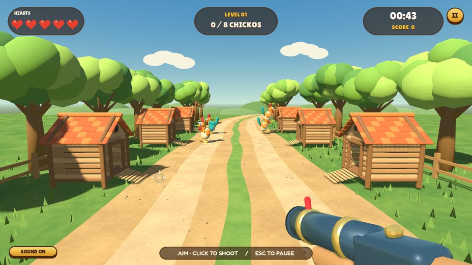 Level 1: chickens run across the farm road between the wooden coops, with the crosshair, five hearts, the 0 of 8 counter and the timer on screen