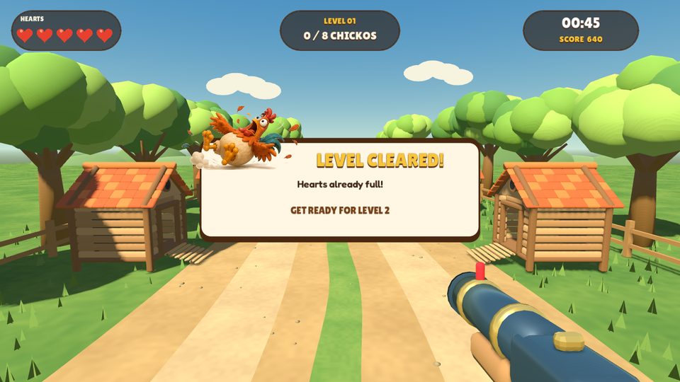 The Level cleared card with a chicken tumbling over its corner and the words Get ready for level 2