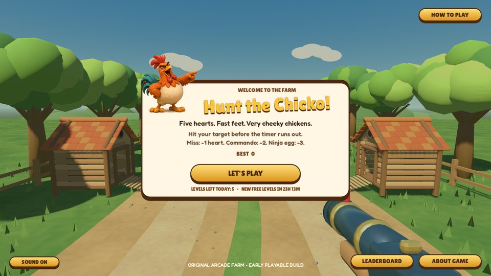 The farm menu: a laughing rooster next to the Hunt the Chicko! card with the Let's play button, and How to play, Leaderboard and About game buttons in the corners