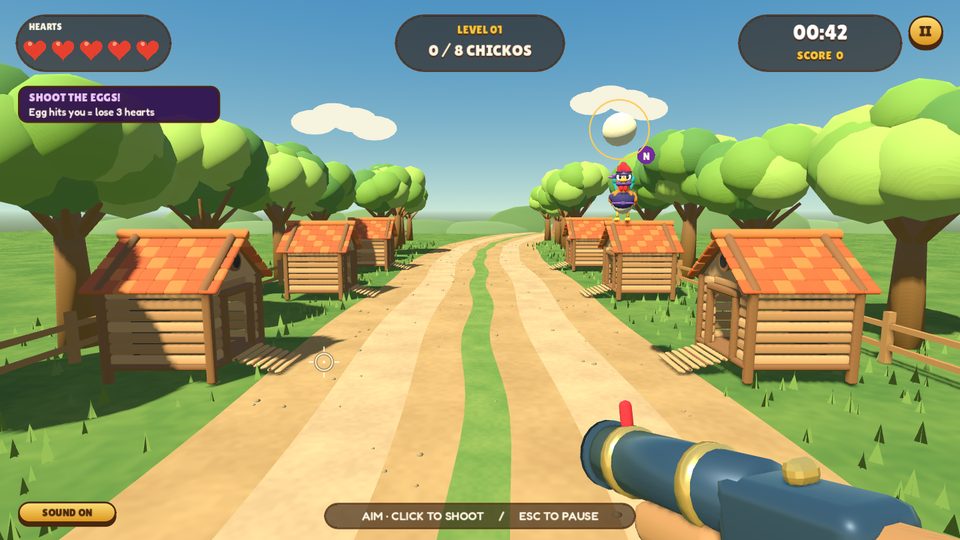 A Ninja Chicko stands on a coop roof and throws an egg, with a warning that says Shoot the eggs, egg hits you equals lose 3 hearts
